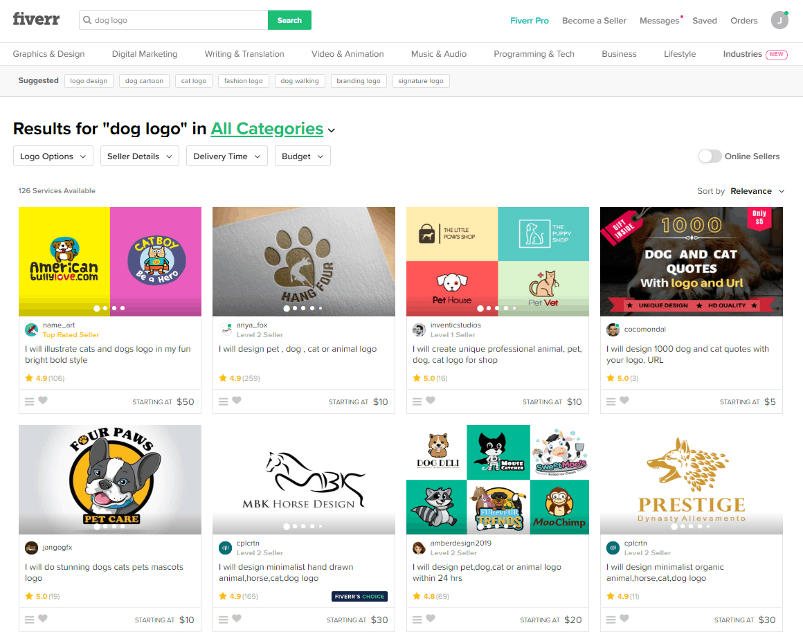 Captura de pantalla de Fiverr: diseñadores de logotipos de perros